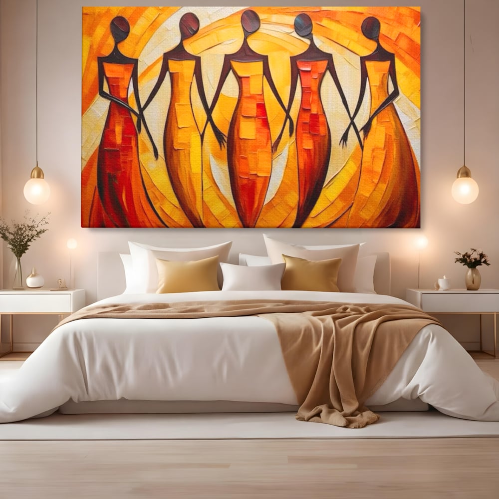 Tablou canvas cu pictura abstracta cu cinci femei stilizate, fara rama, pe sasiu de lemn, pe perete intr-un dormitor